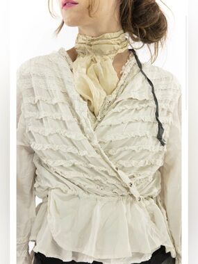 Magnolia Pearl Cotton Silk Anna Mariah Blouse with Lace Ruffle Moonlight #1037